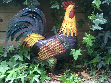 Sculptuur van een haan, tuinbeeld in kleur, fraai dierenbeeld - 1