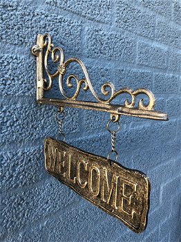 Uithangbord ''welcome'' bij de ingang, wandbord, brons-kleur - 1