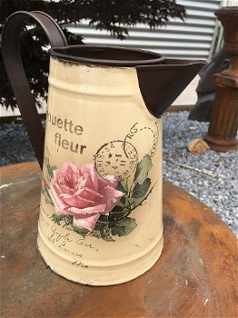 Vintage flower jug - blikje karaf, rustieke melkkan - 4