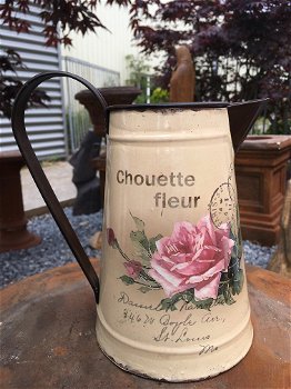 Vintage flower jug - blikje karaf, rustieke melkkan - 5