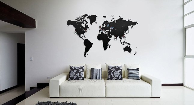 muurdecoratie, zwarte wereldkaart van hout, groot met prikkers - 1