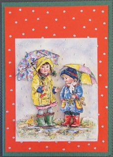 Kinderen lopen in de regen
