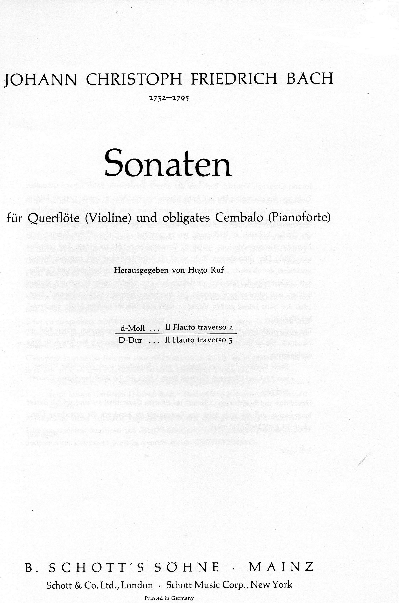 Piano/Dwarsfluit/viool sonate J.C.F. Bach,nst,uitg. B.Schott - Afbeelding 2