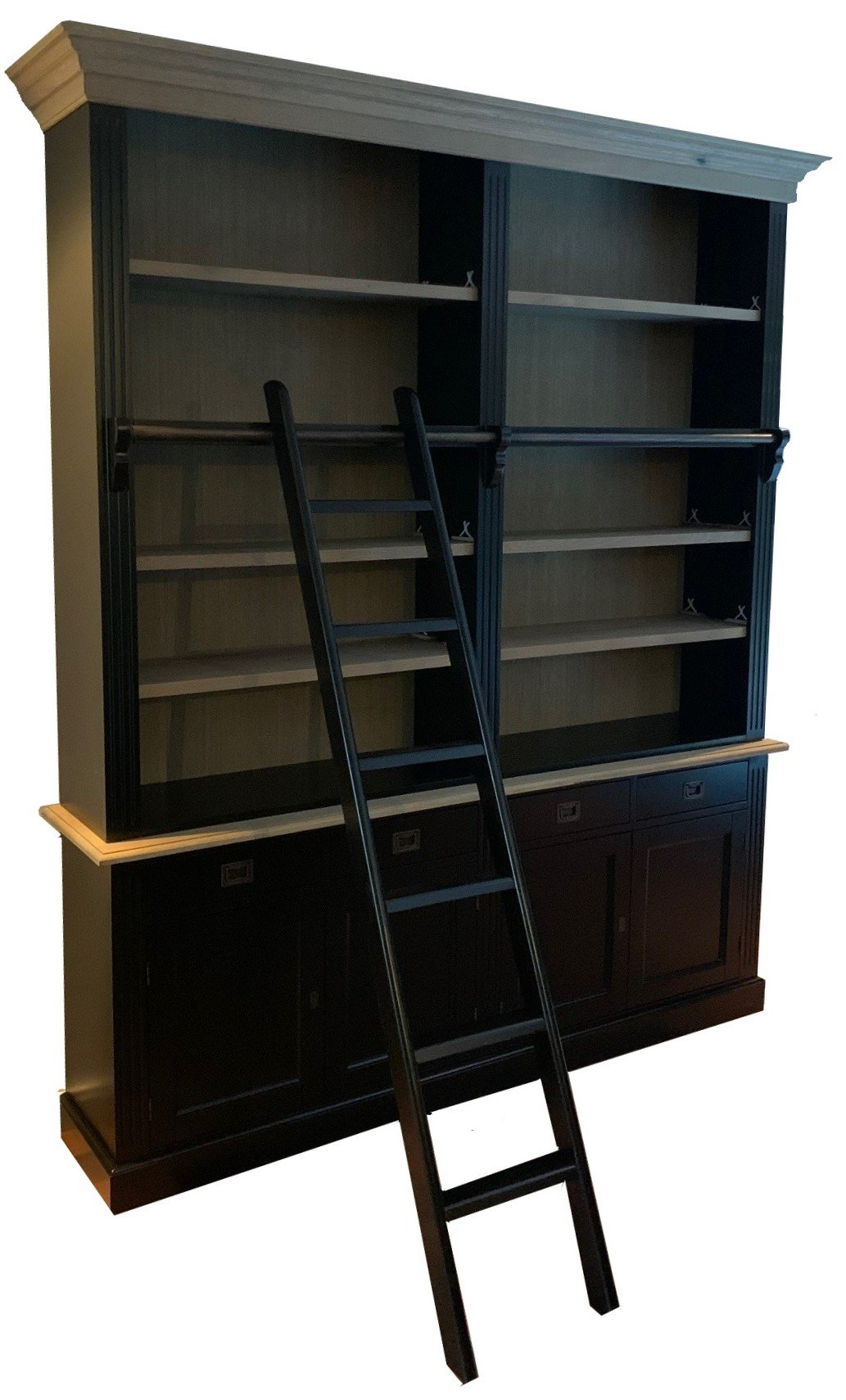 Boekenkast zwart met eiken interieur en trap 200 x 240cm - nr. 1