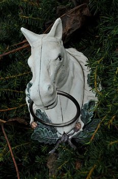 Paardenhoofd met ring, gietijzer-wit-paard-deco-tuin - 2
