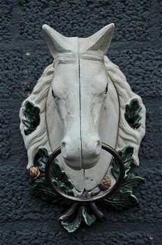 Paardenhoofd met ring, gietijzer-wit-paard-deco-tuin - 3
