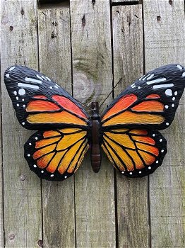 Vlinder, geheel metaal- kleur oranje zwart-vlinder-deco - 1