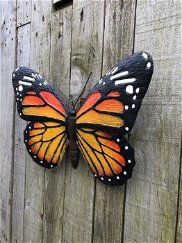 Vlinder, geheel metaal- kleur oranje zwart-vlinder-deco - 5