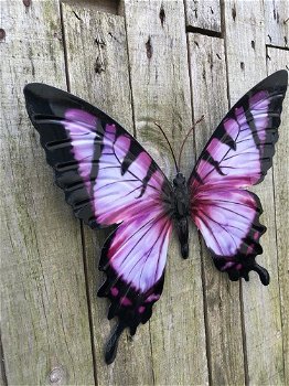 Vlinder, geheel metaal -vol in kleur paars- zwart-vlinder - 1
