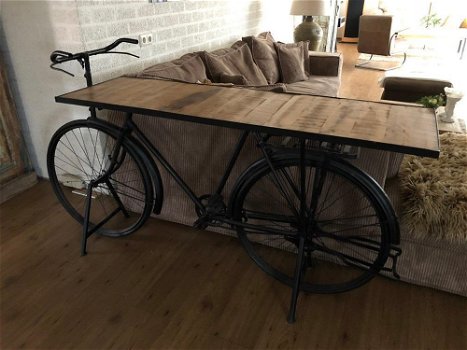 Prachtige sidetable-fiets-metaal-houten tafelblad-tafel - 0