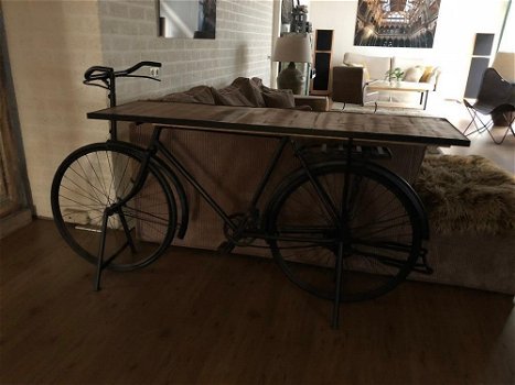 Prachtige sidetable-fiets-metaal-houten tafelblad-tafel - 1