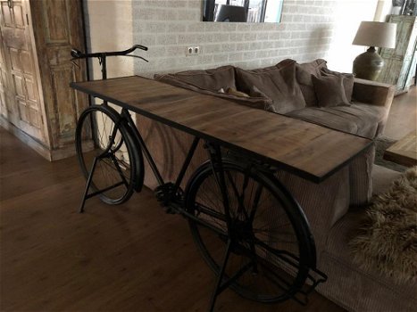Prachtige sidetable-fiets-metaal-houten tafelblad-tafel - 2