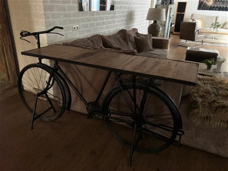 Prachtige sidetable-fiets-metaal-houten tafelblad-tafel - 4