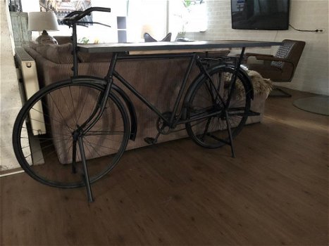 Prachtige sidetable-fiets-metaal-houten tafelblad-tafel - 5