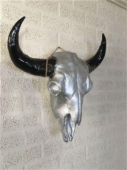 Stierenschedel zilverkleur met zwarte horens-deco-stier - 6