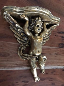 Wandornament, console polystone gold met engel-engel - 1