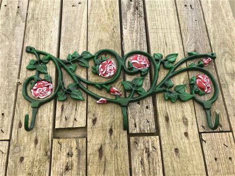Wand kapstok, gietijzer groen met rozen rood- haken - 0