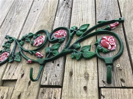 Wand kapstok, gietijzer groen met rozen rood- haken - 2