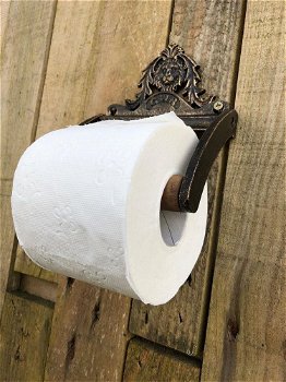 Toiletrolhouder, gepatineerd messing en hout - 0