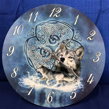 Klok hout met afbeelding van een Celtic Wolf-klok - 0
