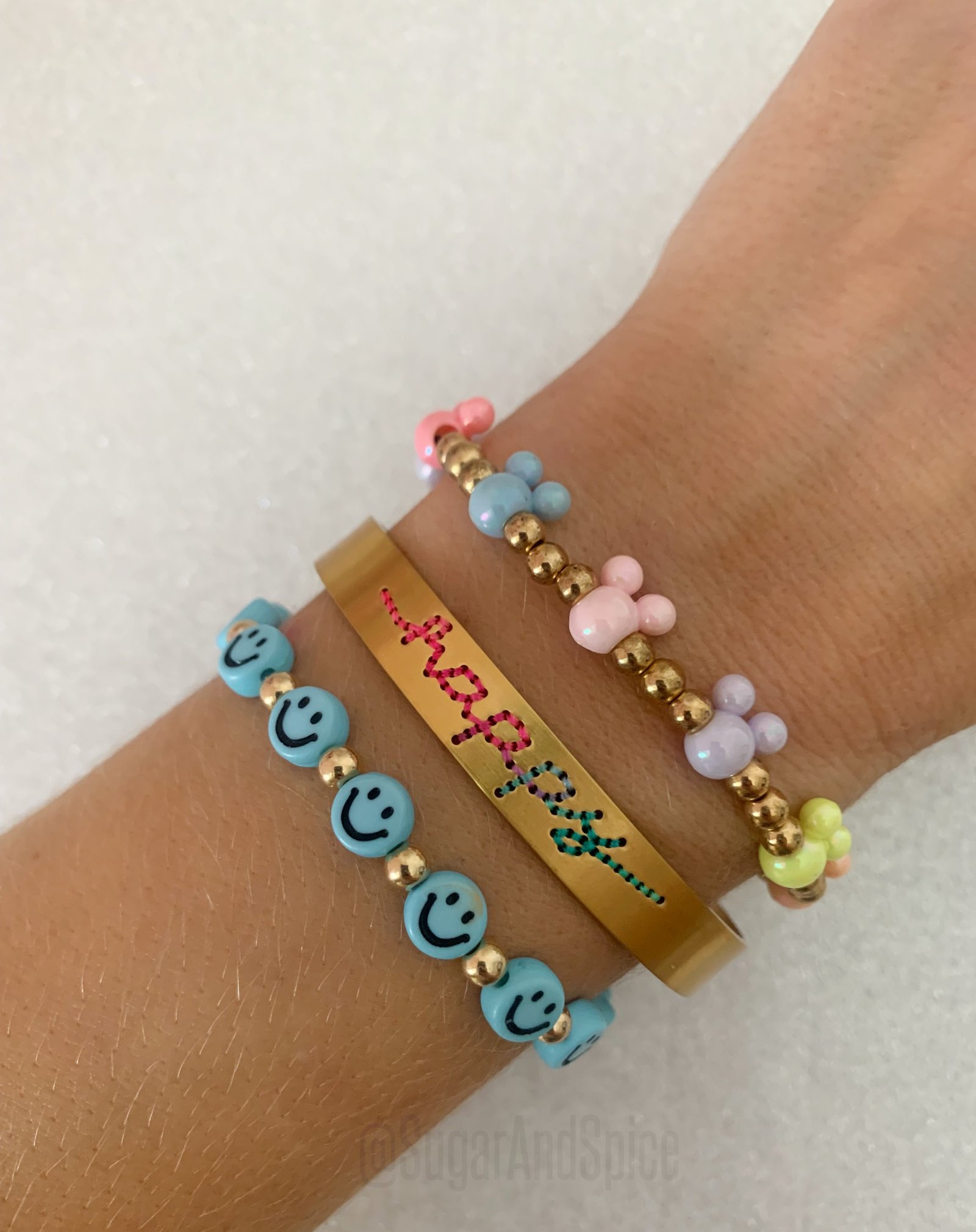 Blauwe smiley armband met kralen mix match ibiza stijl goud - Afbeelding 3