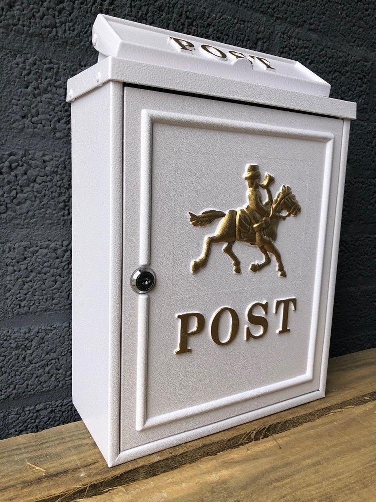 Postbus wit, aluminium, met messing logo en letters POST. - Afbeelding 2