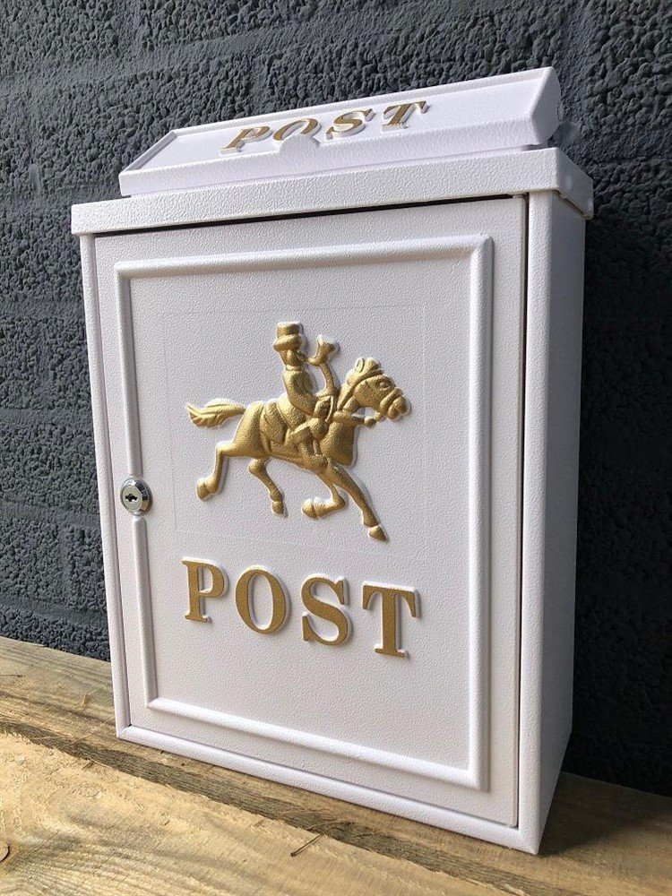 Postbus wit, aluminium, met messing logo en letters POST. - Afbeelding 3