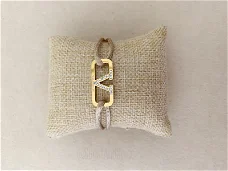 V armband met strass stenen aan beige zijden koord verguld