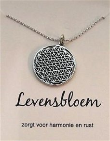 Levensbloem hanger aan ketting, op cadeaukaartje 