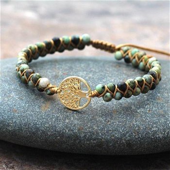 Gevlochten armband met Jade en Levensboom goudkleurig - 0