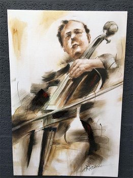 Fors en fraai olieverfdoek op canvas, de cellist -schilderij - 0
