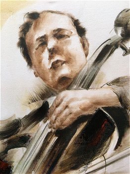 Fors en fraai olieverfdoek op canvas, de cellist -schilderij - 3