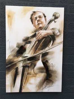Fors en fraai olieverfdoek op canvas, de cellist -schilderij - 4