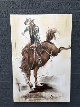 Fors en fraai olieverfdoek op canvas,de rodeo horse rider - 0