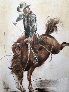 Fors en fraai olieverfdoek op canvas,de rodeo horse rider - 1