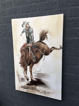 Fors en fraai olieverfdoek op canvas,de rodeo horse rider - 3
