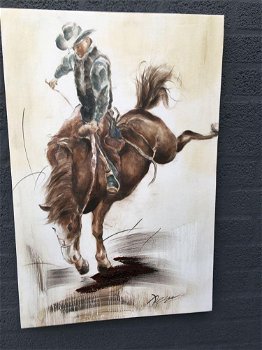 Fors en fraai olieverfdoek op canvas,de rodeo horse rider - 4