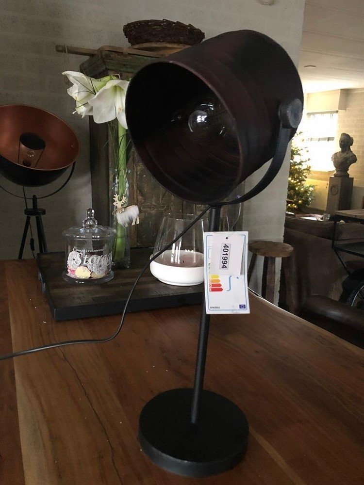 Industriële tafel- bureau lamp op stand en metalen kap. - Afbeelding 8