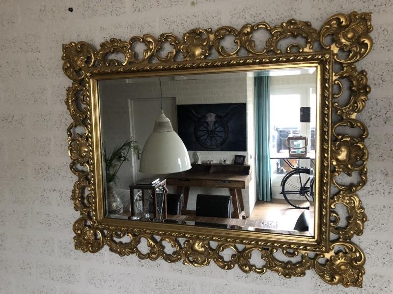 Mooie oude antieke spiegel voorzien houten messing rand - Afbeelding 2