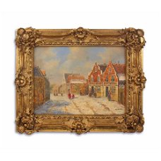 Olieverf schilderij in lijst,winters stadsgezicht-kunst