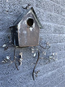 Prachtig wand vogelhuis, zwart-groen.metaal-vogel-deco - 0