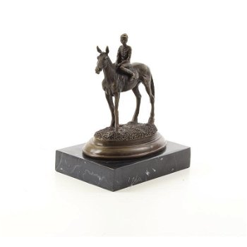 Paard-bronzen sculptuur van een paard met rijder-brons - 0