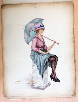 A376 H. ABAHOUNI 1921 Dame op pilaar met paraplu - 0