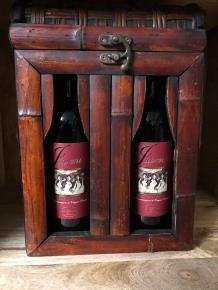 koloniaal houten kist voor 2 flessen wijn ,bamboe afwerking - 1