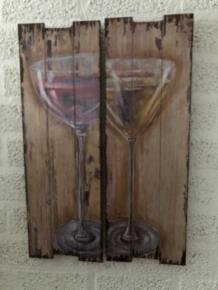 Set van 2 houten wandborden met 1 x glas witte wijn en 1 - 5