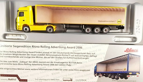 1:87 Schuco 22698 Mercedes Benz truck 'Diebstahlversichert Arag' Rhino Award Edition 2006 - 1