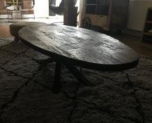 Robuuste ovale salontafel- houten blad en ijzeren onderstel - 0