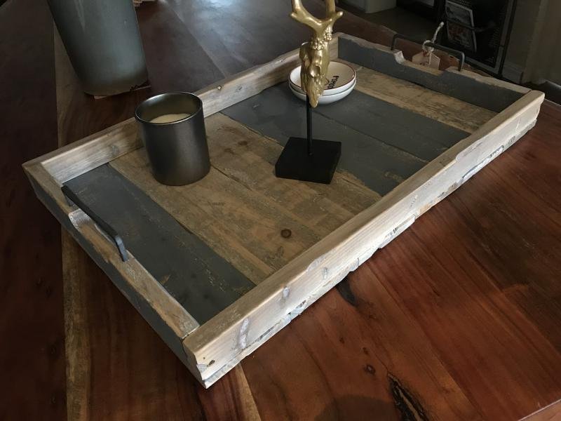 Dienblad groot, recycle hout -stoer metalen handvaten - Afbeelding 2