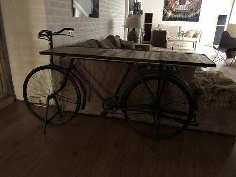 Prachtige fiets metaal met houten tafelblad-tafel-deco - 1