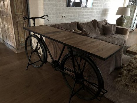 Prachtige fiets metaal met houten tafelblad-tafel-deco - 2